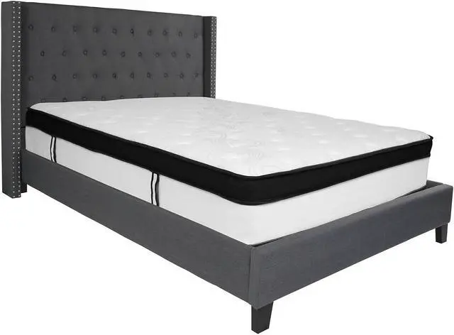Alt view image 5 of 18 - Riverdale Queen Size Tufted Upholstered Platform Bed in Dark Gray Fabric with Memory Foam Mattress