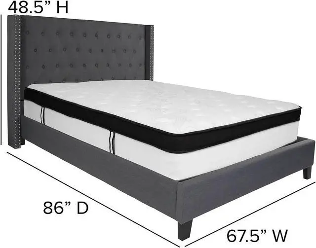 Alt view image 7 of 18 - Riverdale Queen Size Tufted Upholstered Platform Bed in Dark Gray Fabric with Memory Foam Mattress