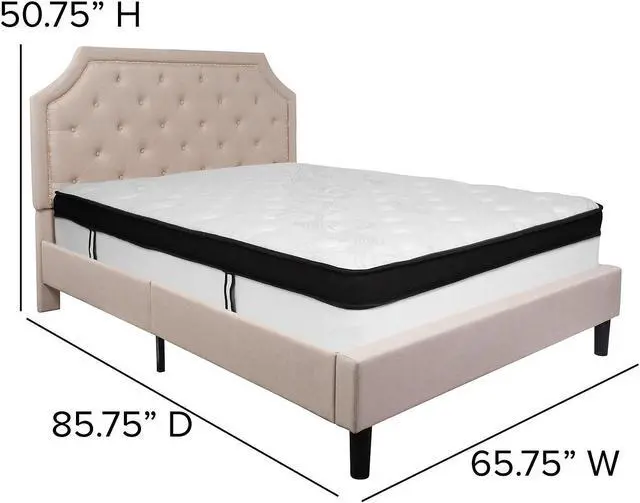Alt view image 8 of 18 - Brighton Queen Size Tufted Upholstered Platform Bed in Beige Fabric with Memory Foam Mattress