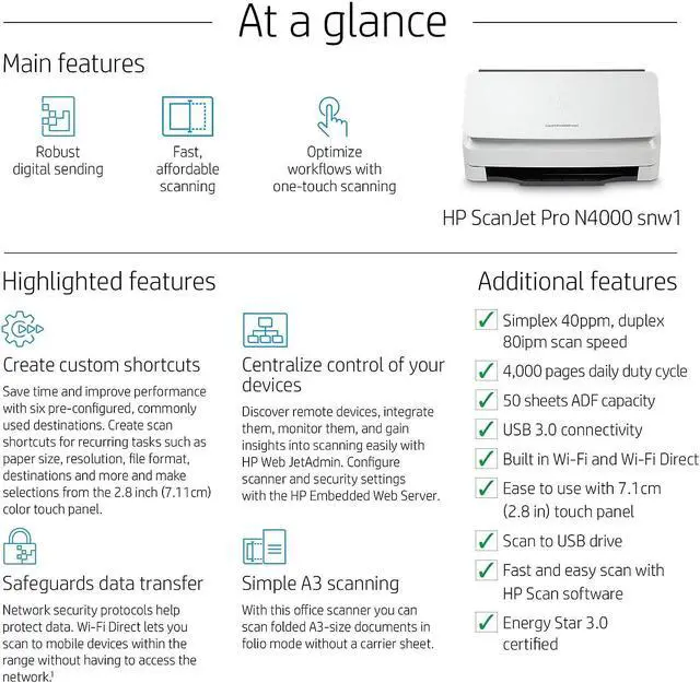Alt view image 10 of 20 - HP Scanjet Pro N4000 snw1 Sheet-Feed Scanner (6FW08A)