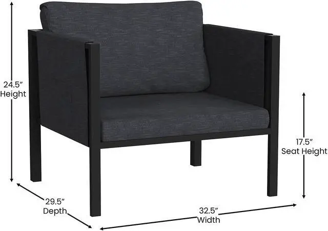 Alt view image 11 of 20 - Indoor/Outdoor Patio Chair with Cushions - Modern Steel Framed Chair with Storage Pockets, Black with Charcoal Cushions