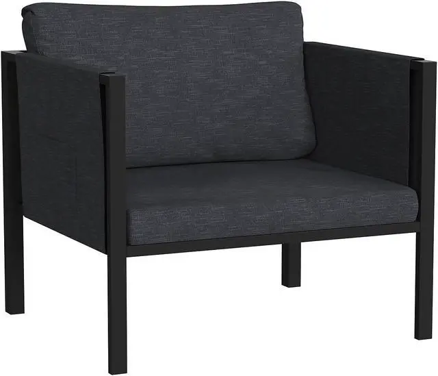 Alt view image 7 of 20 - Indoor/Outdoor Patio Chair with Cushions - Modern Steel Framed Chair with Storage Pockets, Black with Charcoal Cushions