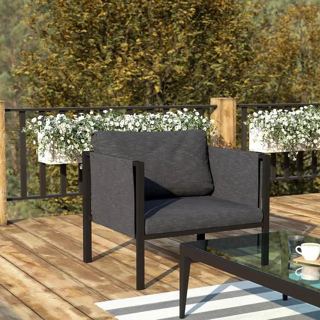 Alt view image 8 of 20 - Indoor/Outdoor Patio Chair with Cushions - Modern Steel Framed Chair with Storage Pockets, Black with Charcoal Cushions