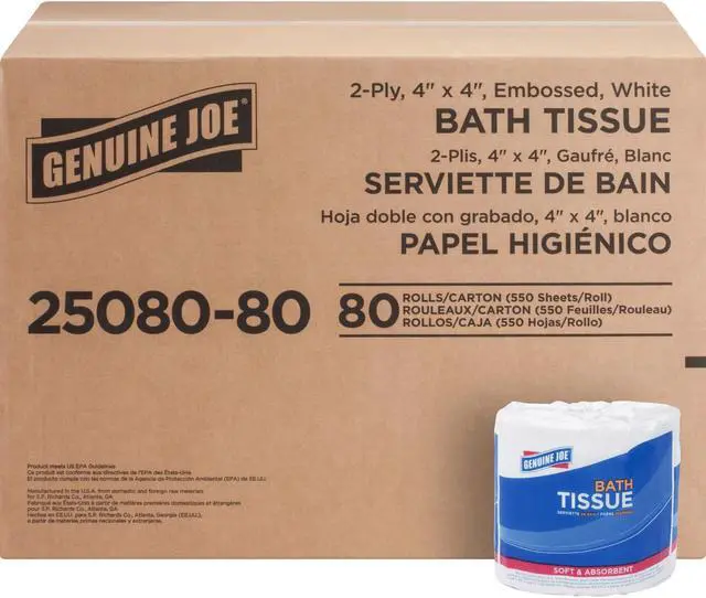 Alt view image 15 of 15 - Genuine Joe Bath Tissue Rolls 2-Ply 550 Sht 4"x3.15" 80/CT WE 2508080