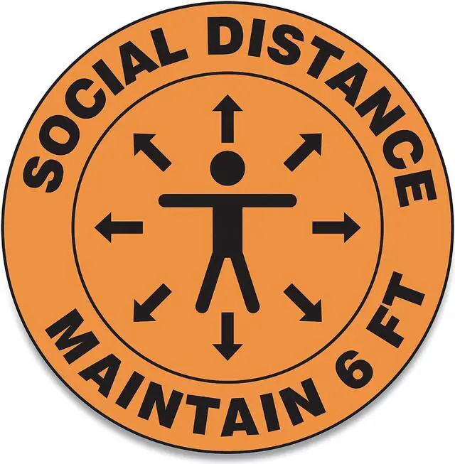 Main image of Alpine Accuform Slip-Gard Social Distance Floor Signs 17" Circle "Social Distance Maintain 6 ft" Human/Arrows Orange 25/Pack MFS382ESP