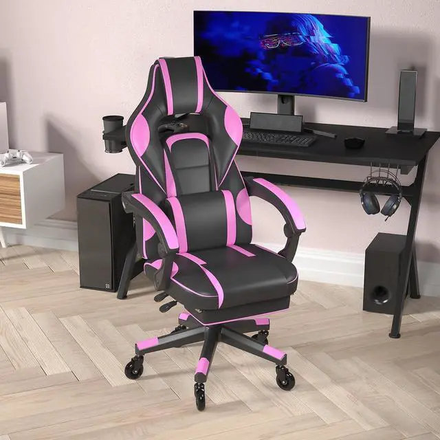Alt view image 9 of 19 - X40 Gaming Chair Racing Computer Chair with Fully Reclining Back/Arms and Transparent Roller Wheels, Slide-Out Footrest, - Black/Purple