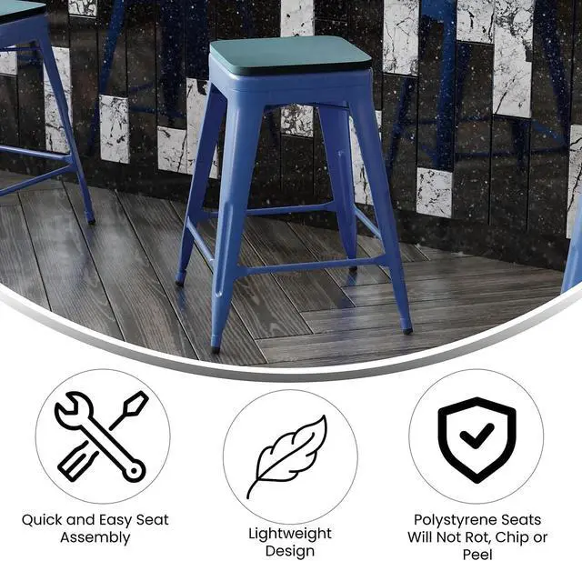 Alt view image 9 of 13 - Kai Commercial Grade 24" High Backless Blue Metal Indoor-Outdoor Counter Height Stool with Teal-Blue Poly Resin Wood Seat