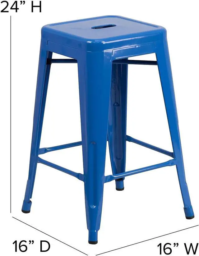 Alt view image 10 of 13 - Kai Commercial Grade 24" High Backless Blue Metal Indoor-Outdoor Counter Height Stool with Teal-Blue Poly Resin Wood Seat