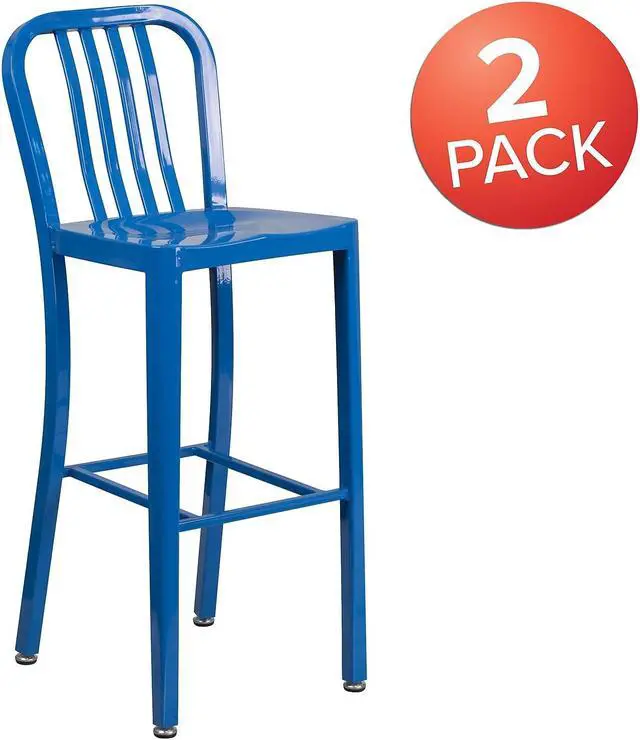 Alt view image 3 of 17 - Flash Furniture Commercial Grade 30" High Blue Metal Indoor-Outdoor Barstool with Vertical Slat Back 2 Pack (2CH6120030BL)
