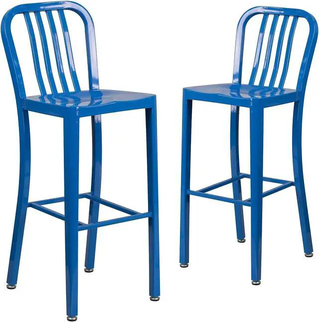 Main image of Flash Furniture Commercial Grade 30" High Blue Metal Indoor-Outdoor Barstool with Vertical Slat Back 2 Pack (2CH6120030BL)