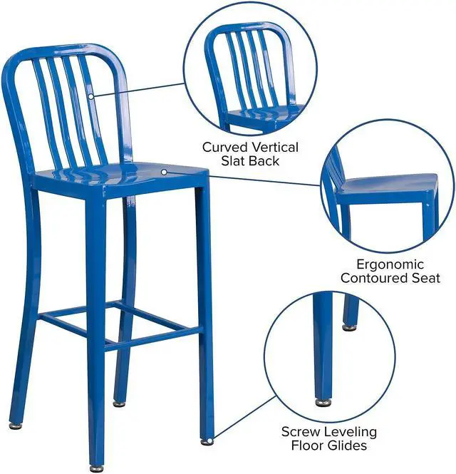 Alt view image 6 of 17 - Flash Furniture Commercial Grade 30" High Blue Metal Indoor-Outdoor Barstool with Vertical Slat Back 2 Pack (2CH6120030BL)