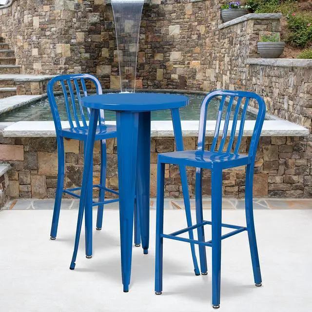 Alt view image 2 of 17 - Flash Furniture Commercial Grade 30" High Blue Metal Indoor-Outdoor Barstool with Vertical Slat Back 2 Pack (2CH6120030BL)