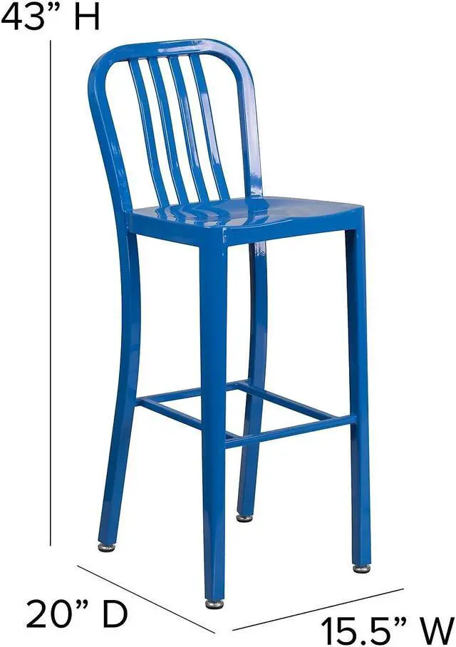 Alt view image 7 of 17 - Flash Furniture Commercial Grade 30" High Blue Metal Indoor-Outdoor Barstool with Vertical Slat Back 2 Pack (2CH6120030BL)