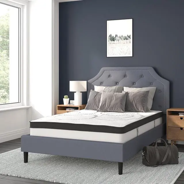 Alt view image 15 of 20 - Brighton Full Size Tufted Upholstered Platform Bed in Light Gray Fabric with 10 Inch CertiPUR-US Certified Pocket Spring Mattress