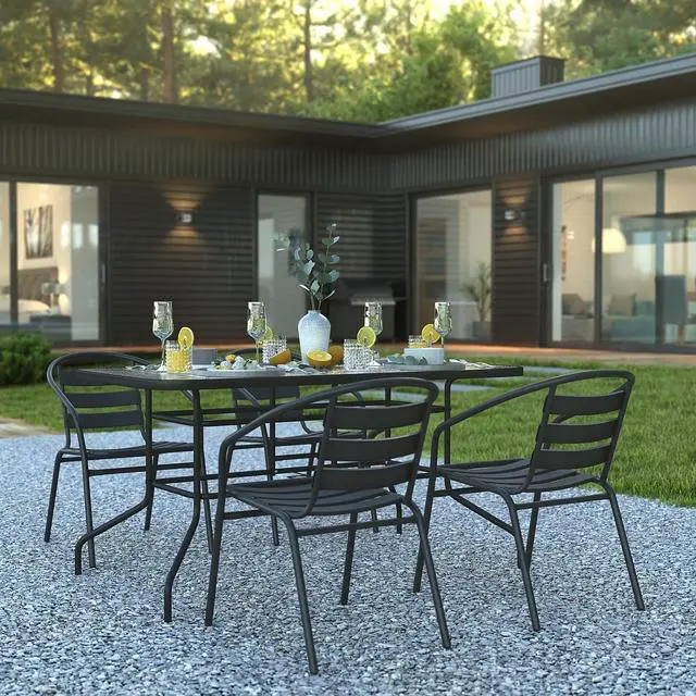 Alt view image 18 of 20 - 5 Piece Outdoor Patio Dining Set - 55" Tempered Glass Patio Table with Umbrella Hole, 4 Black Metal Aluminum Slat Stack Chairs
