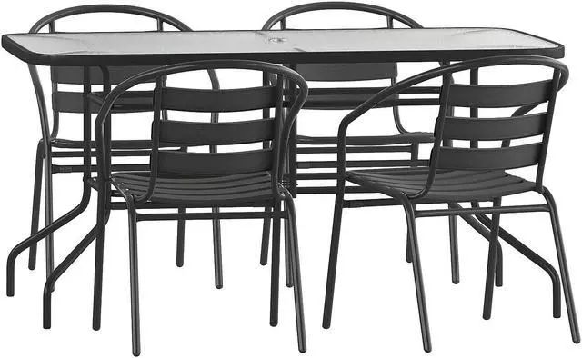 Alt view image 17 of 20 - 5 Piece Outdoor Patio Dining Set - 55" Tempered Glass Patio Table with Umbrella Hole, 4 Black Metal Aluminum Slat Stack Chairs