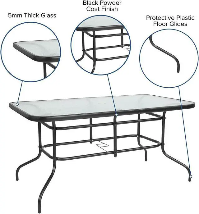 Alt view image 20 of 20 - 5 Piece Outdoor Patio Dining Set - 55" Tempered Glass Patio Table with Umbrella Hole, 4 Black Metal Aluminum Slat Stack Chairs
