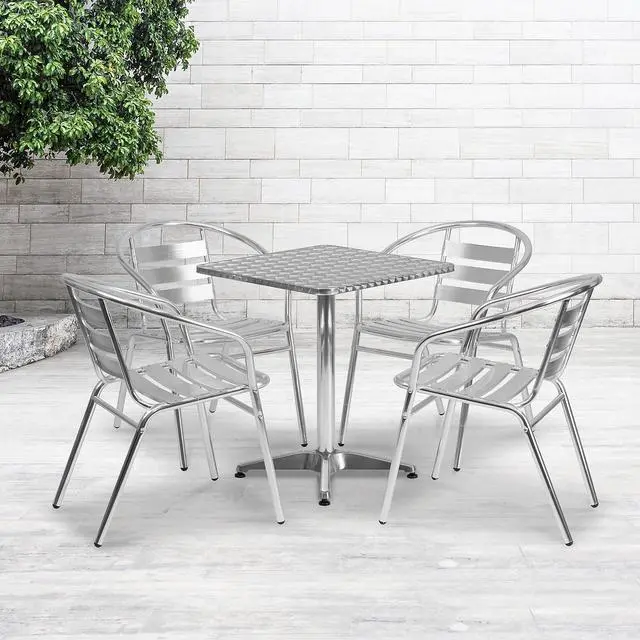 Alt view image 19 of 20 - 23.5'' Square Aluminum Indoor-Outdoor Table Set with 4 Slat Back Chairs