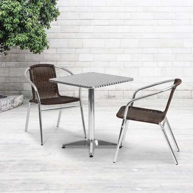 Alt view image 13 of 16 - 23.5'' Square Aluminum Indoor-Outdoor Table Set with 2 Dark Brown Rattan Chairs