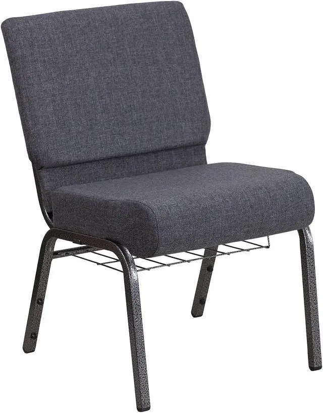 Alt view image 16 of 20 - HERCULES Series 21''W Church Chair in Dark Gray Fabric with Book Rack - Silver Vein Frame