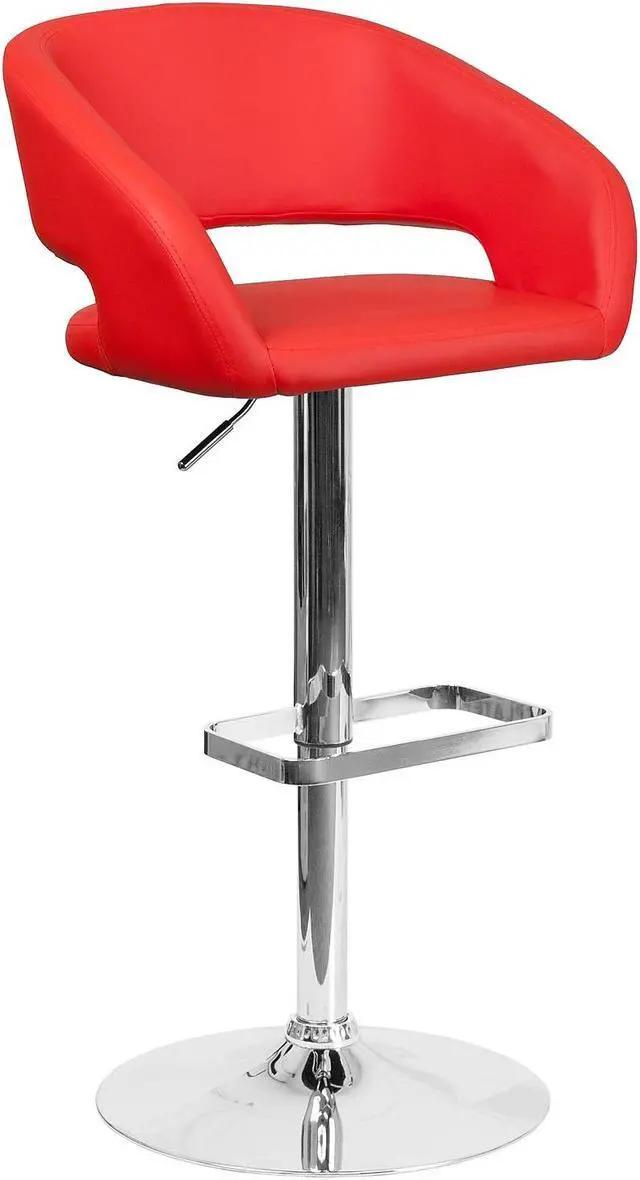 Alt view image 20 of 20 - Contemporary Red Vinyl Adjustable Height Barstool with Rounded Mid-Back and Chrome Base