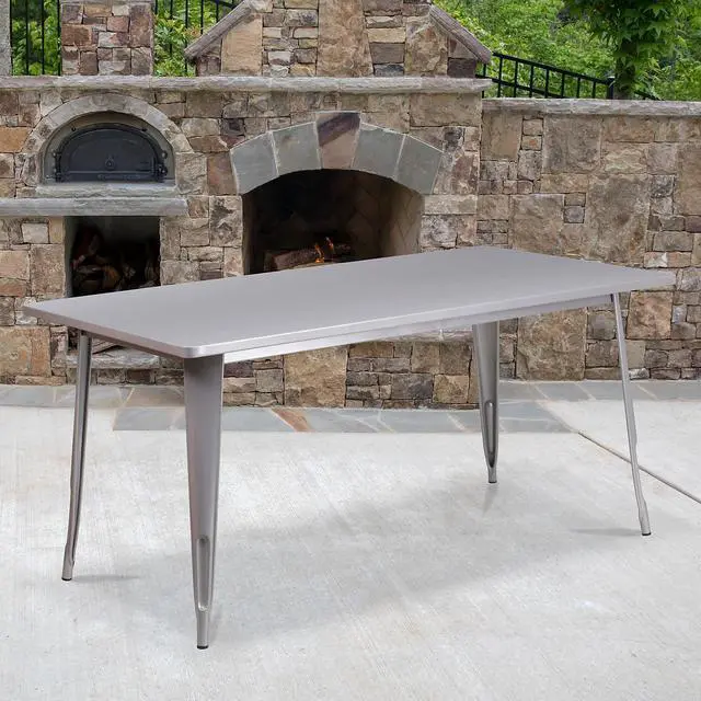 Alt view image 11 of 17 - Commercial Grade 31.5" x 63" Rectangular Silver Metal Indoor-Outdoor Table