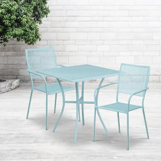 Alt view image 13 of 13 - Flash Furniture 28'' Square Sky Blue Indoor-Outdoor Steel Patio Table Set with 2 Square Back Chairs