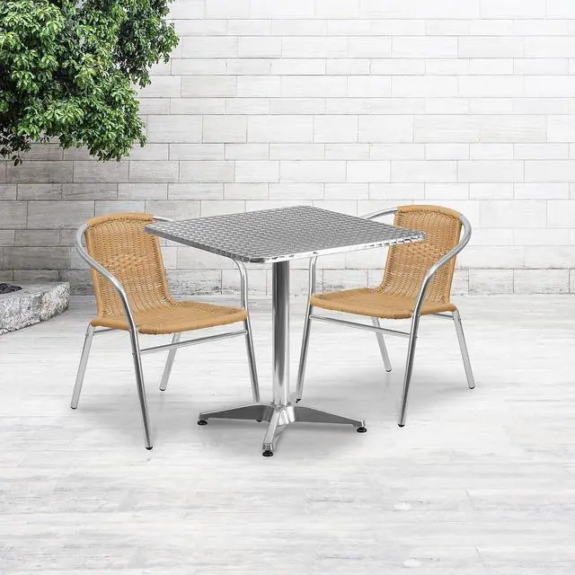Alt view image 16 of 19 - 27.5'' Square Aluminum Indoor-Outdoor Table Set with 2 Beige Rattan Chairs