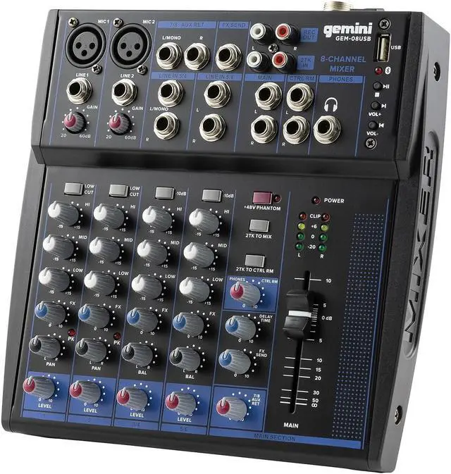 Alt view image 4 of 8 - Gemini compact 8-channel Bluetooth mixer with USB playback