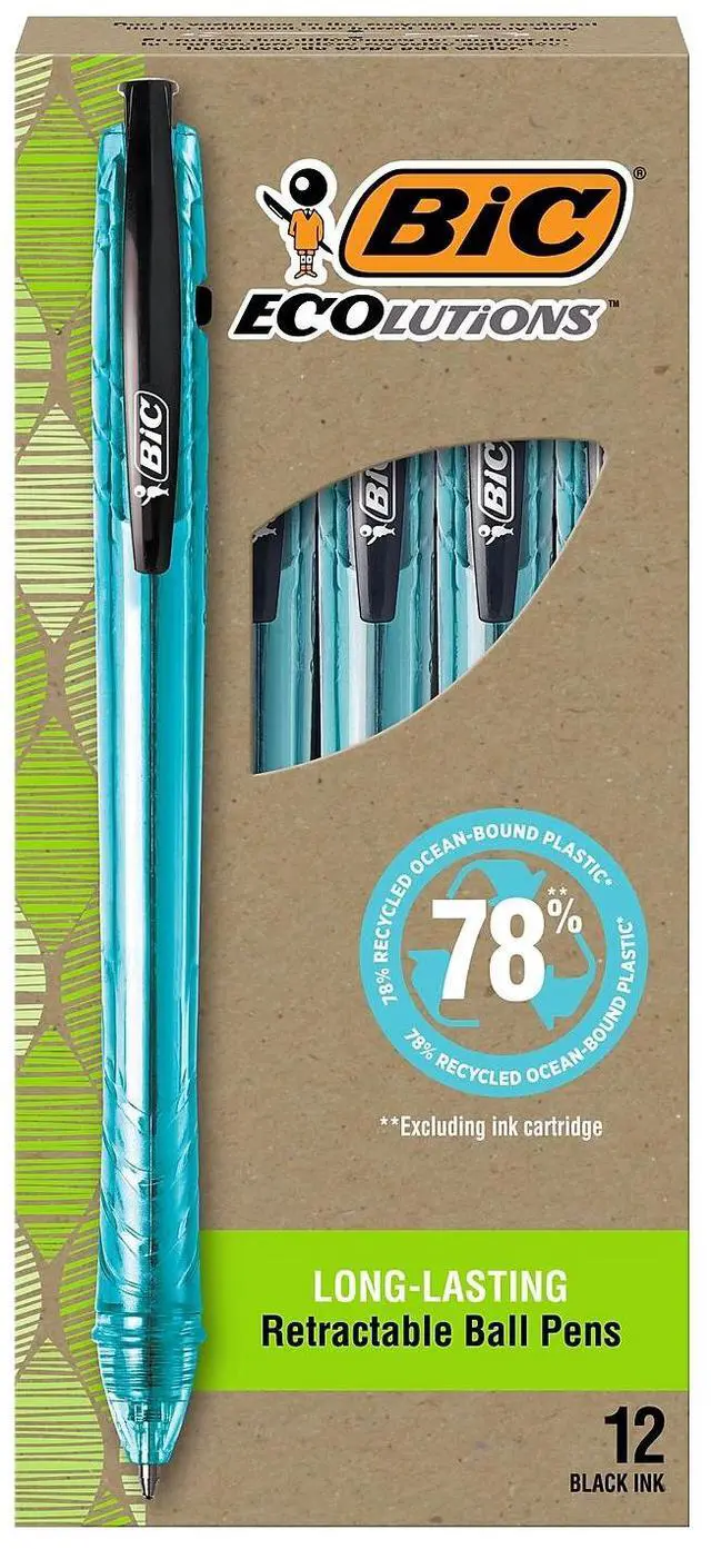 Alt view image 4 of 12 - BIC ReVolution Ocean Bound Ballpoint Pen Retractable 1 mm Black 12Pk BPRR11BK