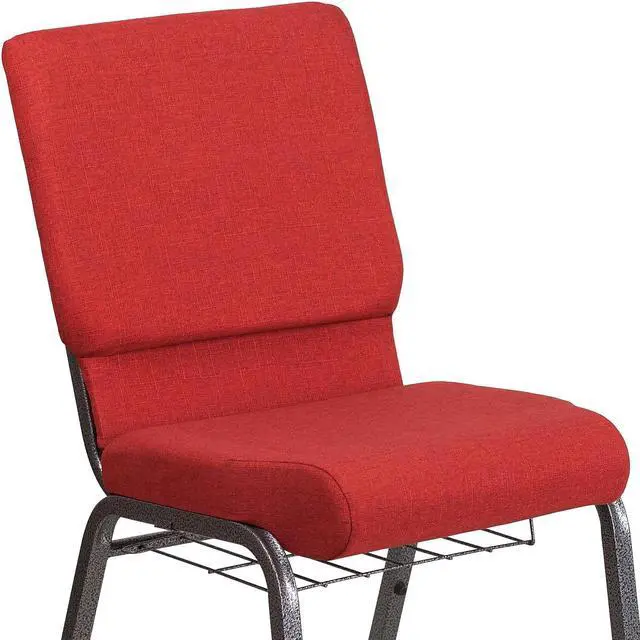 Alt view image 8 of 18 - Flash Furniture Hercules Series 18.5''W Red Fabric Church Chair with 4.25'' Thick Seat, Cup Book Rack - Silver Vein Frame