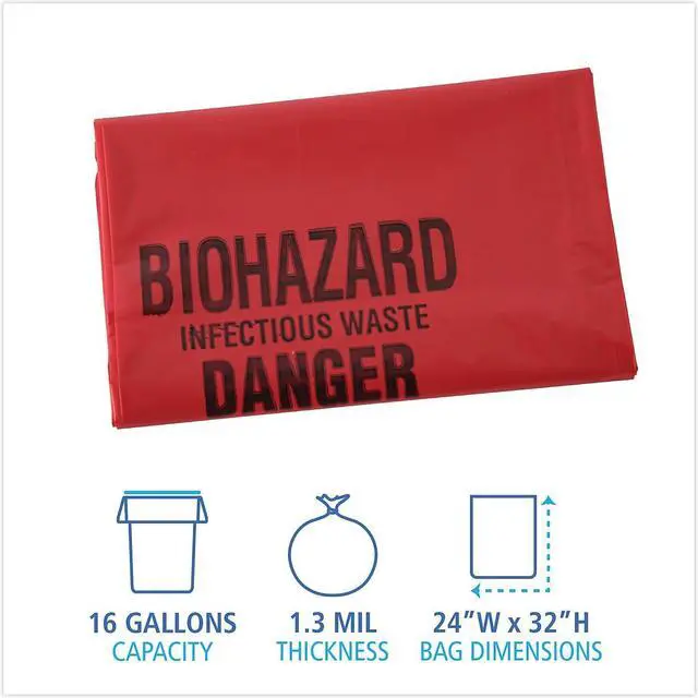 Alt view image 3 of 8 - Boardwalk Linear Low Density Health Care Trash Can Liners 16 gal 1.3 mil 24 x 32 Red 250/Carton IW2432R