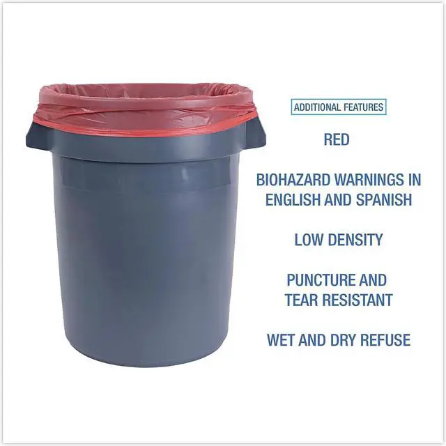 Alt view image 5 of 8 - Boardwalk Linear Low Density Health Care Trash Can Liners 33 gal 1.3 mil 33 x 39 Red 150/Carton IW3339R
