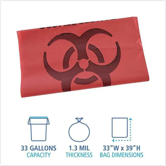 Alt view image 3 of 8 - Boardwalk Linear Low Density Health Care Trash Can Liners 33 gal 1.3 mil 33 x 39 Red 150/Carton IW3339R