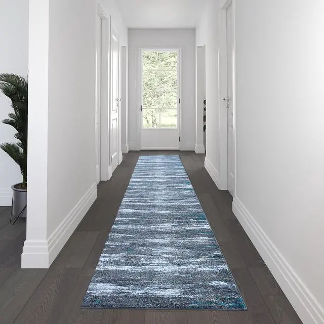Alt view image 14 of 20 - Elio Collection 5' x 7' Turquoise Color Blocked Area Rug - Olefin Rug with Jute Backing - Entryway, Living Room, or Bedroom