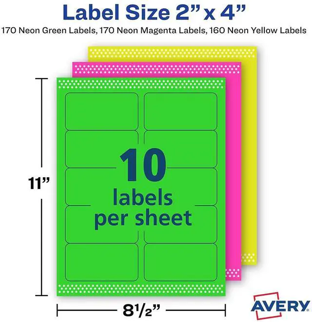 Alt view image 7 of 10 - Avery Neon Shipping Label Laser 2 x 4 Neon Assorted 500/Box 5956