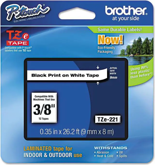 Alt view image 2 of 20 - Brother P-touch TZe Laminated Tape Cartridges - 3/8" Width x 26 1/5 ft Length - Rectangle - White - 1 Each  BRTTZE221