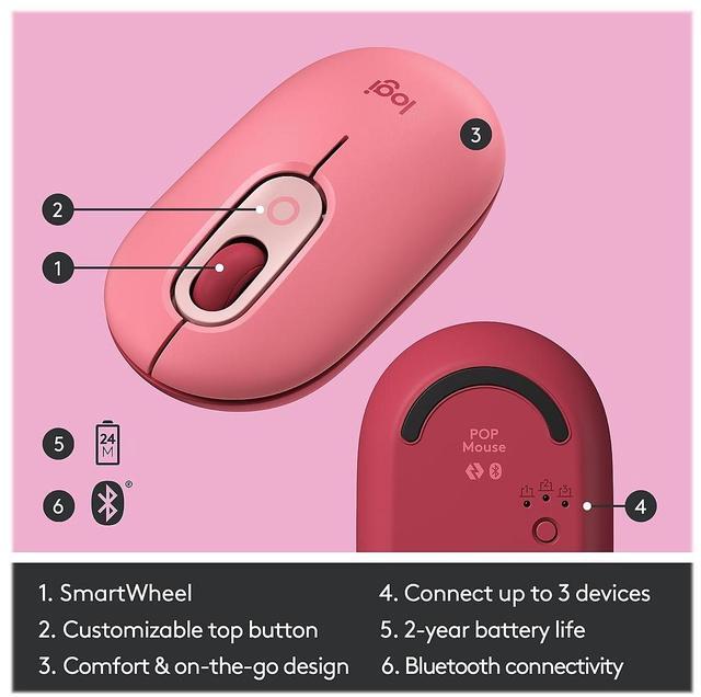 Alt view image 9 of 11 - Logitech POP Mouse, Wireless Mouse with Customizable Emojis, SilentTouch Technology, Precision/Speed Scroll, Compact Design, Bluetooth, Multi-Device, OS Compatible - Heartbreaker Rose