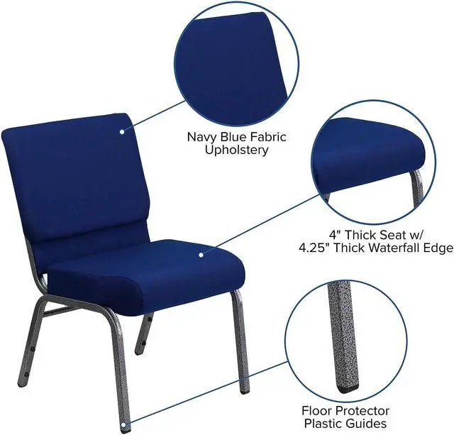 Alt view image 16 of 17 - 4 Pack HERCULES Series 21''W Stacking Church Chair in Navy Blue Fabric - Silver Vein Frame