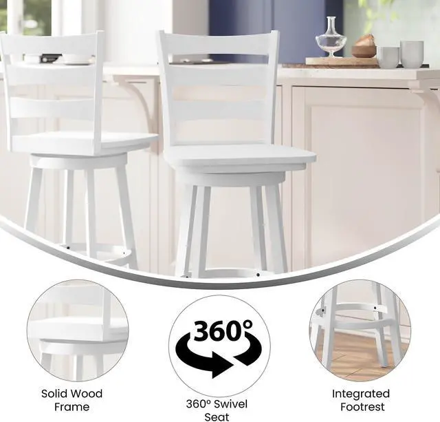 Alt view image 3 of 14 - Flash Furniture Liesel Classic Solid Wood Ladder Back Barstool Antique White Wash (ESUN31WS29WH)