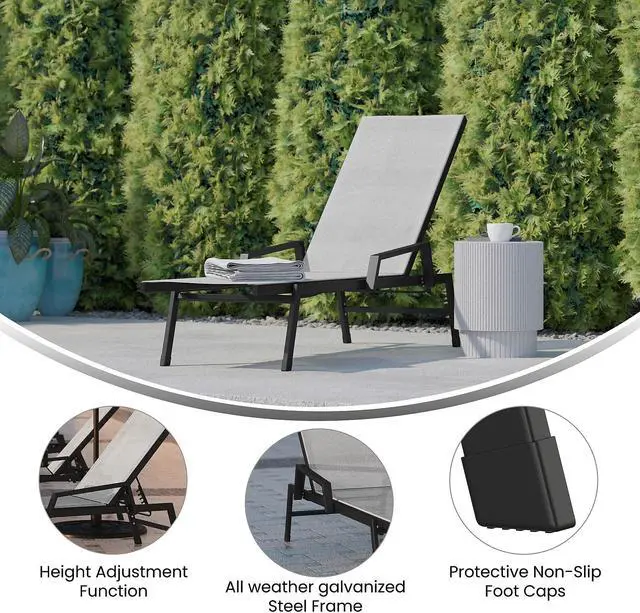 Alt view image 3 of 14 - Flash Furniture Brazos Adjustable Chaise Lounge Chair with Arms Gray/Black (JJLC323BKGY)