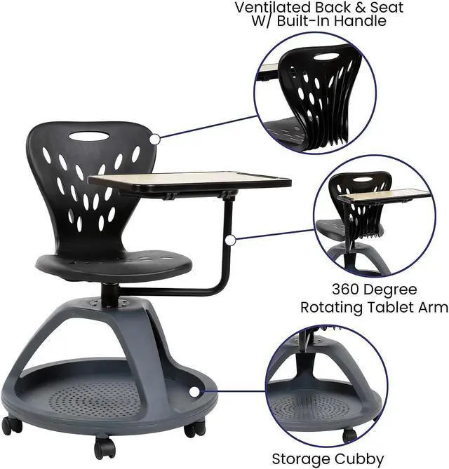 Alt view image 4 of 14 - Flash Furniture Plastic Kids Mobile Desk Chair Black (YUYCX019BK)