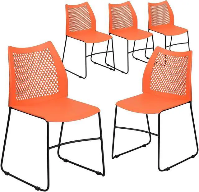 Alt view image 2 of 10 - 5 Pack HERCULES Series 661 lb. Capacity Orange Stack Chair with Air-Vent Back and Black Powder Coated Sled Base
