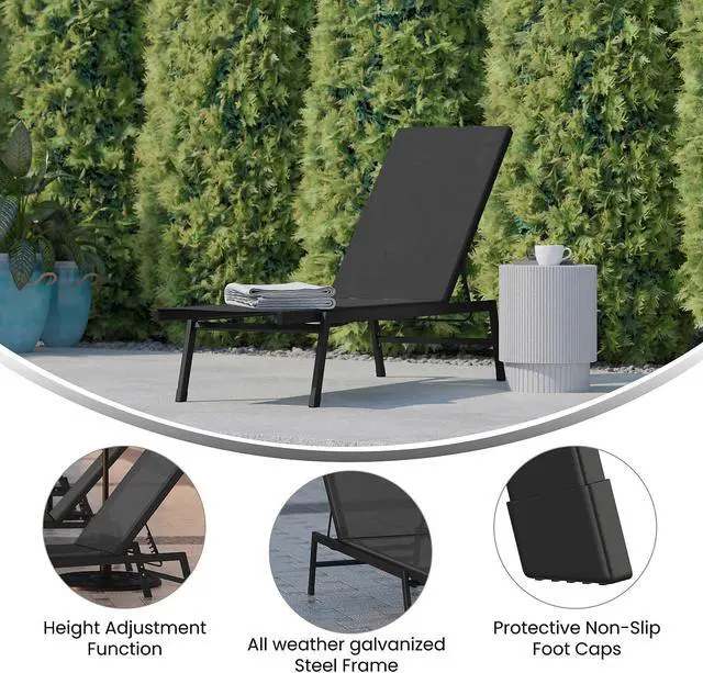 Alt view image 3 of 14 - Flash Furniture Brazos Adjustable Chaise Lounge Chair Black (JJLC326BKBK)