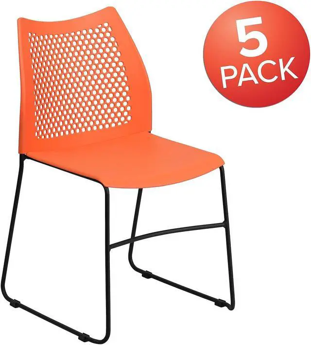 Alt view image 6 of 10 - 5 Pack HERCULES Series 661 lb. Capacity Orange Stack Chair with Air-Vent Back and Black Powder Coated Sled Base