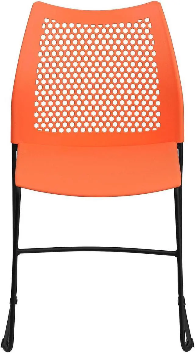 Alt view image 9 of 10 - 5 Pack HERCULES Series 661 lb. Capacity Orange Stack Chair with Air-Vent Back and Black Powder Coated Sled Base