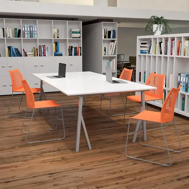 Alt view image 5 of 10 - 5 Pack HERCULES Series 661 lb. Capacity Orange Stack Chair with Air-Vent Back and Black Powder Coated Sled Base