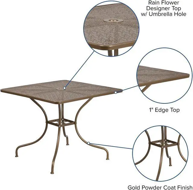 Alt view image 20 of 20 - Flash Furniture Oia Commercial Grade Square Indoor-Outdoor Steel Patio Table with Umbrella Hole Gold (CO6GD)