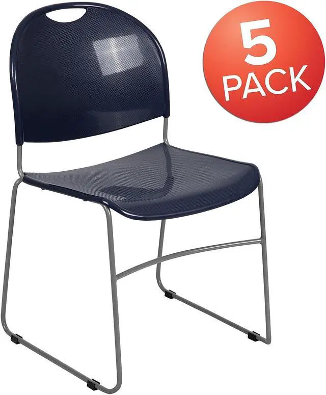 Alt view image 5 of 17 - 5 Pack HERCULES Series 880 lb. Capacity Navy Ultra-Compact Stack Chair with Silver Powder Coated Frame