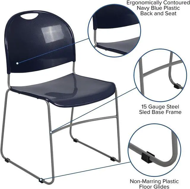 Alt view image 7 of 17 - 5 Pack HERCULES Series 880 lb. Capacity Navy Ultra-Compact Stack Chair with Silver Powder Coated Frame